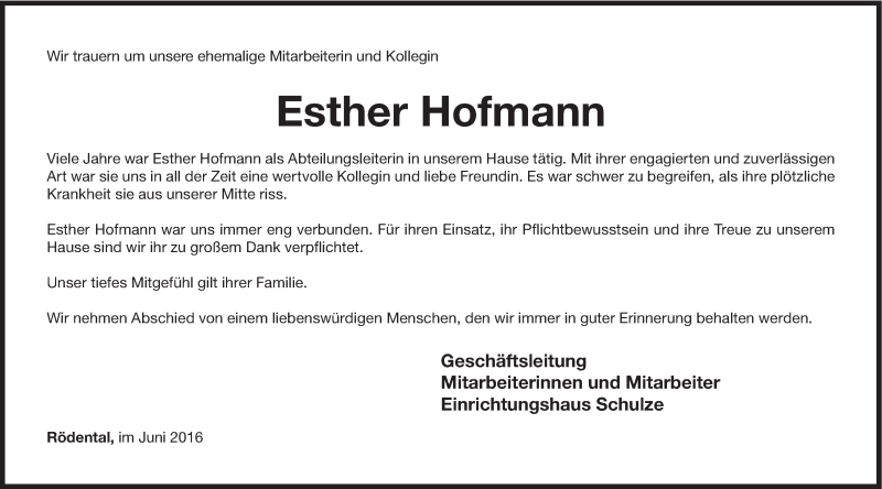  Traueranzeige für Esther Hofmann vom 25.06.2016 aus MGO