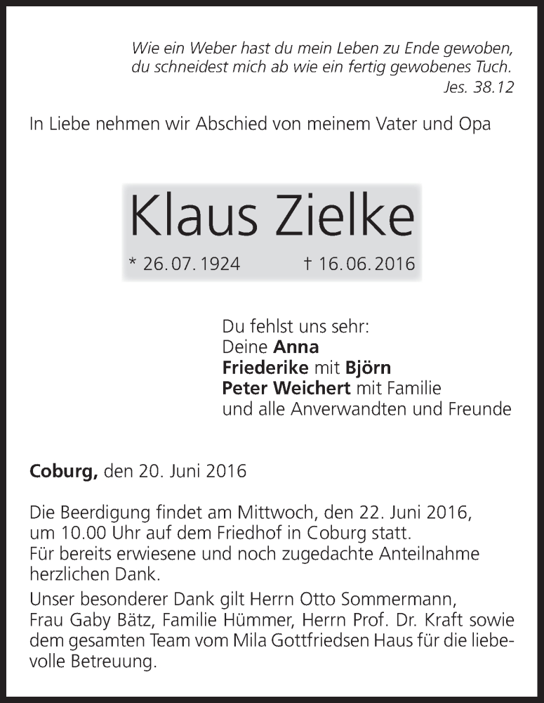  Traueranzeige für Klaus Zielke vom 20.06.2016 aus MGO