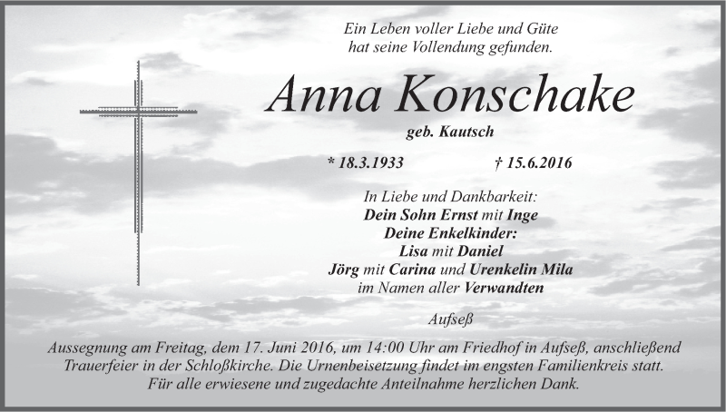  Traueranzeige für Anna Konschake vom 16.06.2016 aus MGO