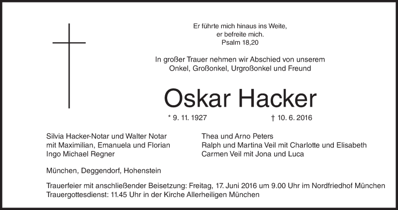  Traueranzeige für Oskar Hacker vom 15.06.2016 aus MGO