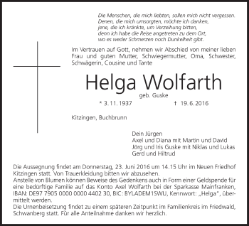 Anzeige von Helga Wolfarth von MGO