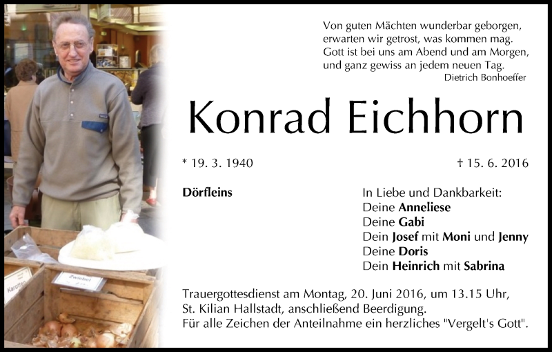  Traueranzeige für Konrad Eichhorn vom 18.06.2016 aus MGO