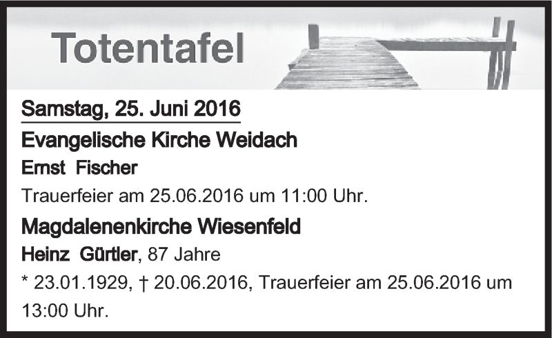  Traueranzeige für Totentafel vom 25.06.2016 vom 25.06.2016 aus MGO