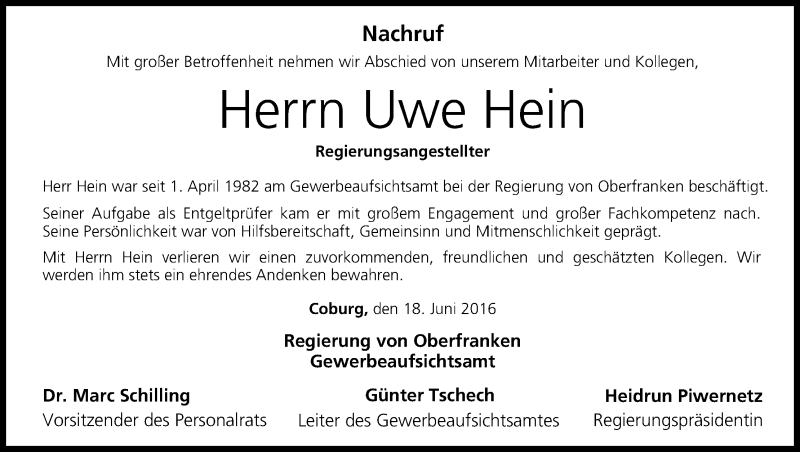  Traueranzeige für Uwe Hein vom 18.06.2016 aus MGO