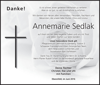 Anzeige von Annemarie Sedlak von MGO
