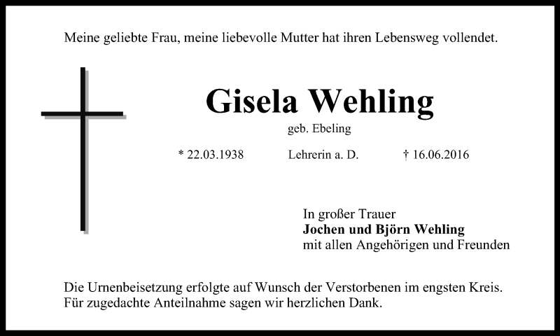  Traueranzeige für Gisela Wehling vom 28.06.2016 aus MGO