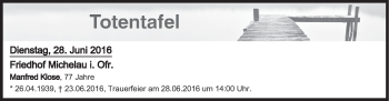 Anzeige von Totentafel vom 28.06.2016 von MGO