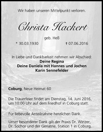 Anzeige von Christa Hackert von MGO