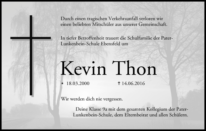  Traueranzeige für Kevin Thon vom 21.06.2016 aus MGO