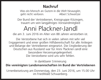 Anzeige von Anni Plackner-Jandl von MGO