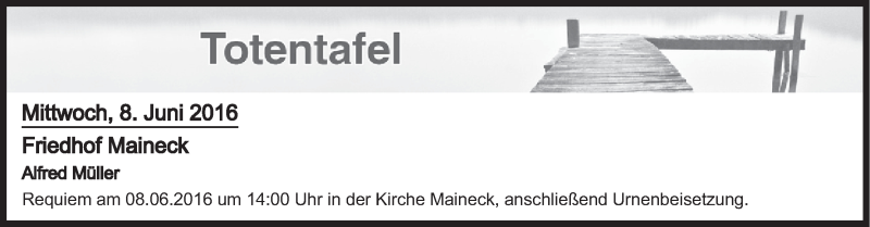  Traueranzeige für Totentafel vom 08.06.2016 vom 08.06.2016 aus MGO