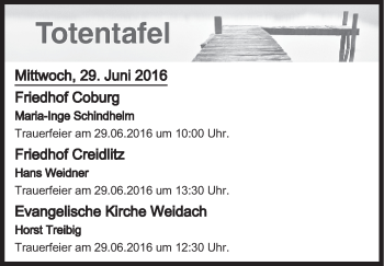 Anzeige von Totentafel vom 29.06.2016 von MGO