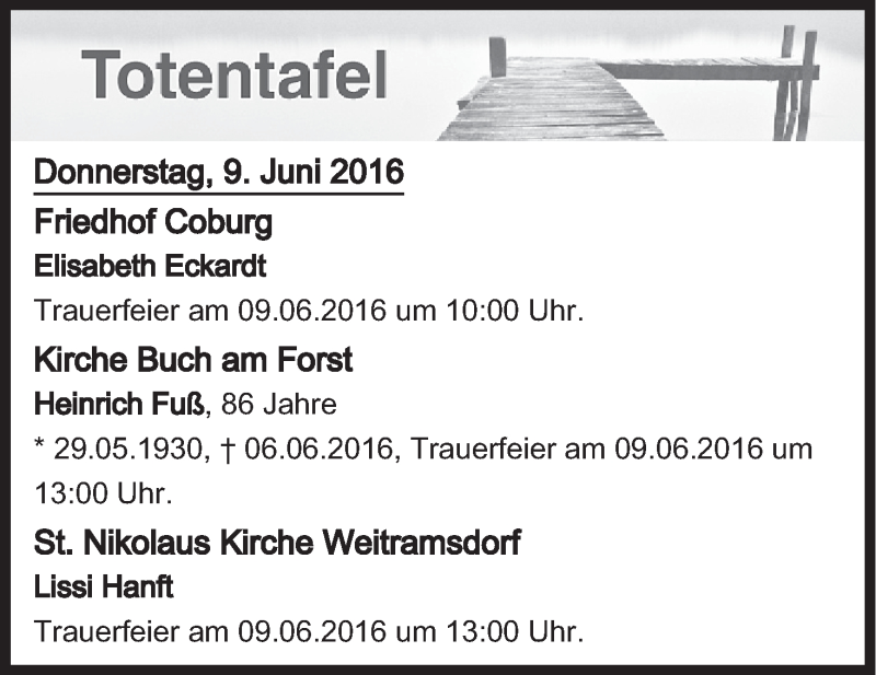  Traueranzeige für Totentafel vom 09.06.2016 vom 09.06.2016 aus MGO