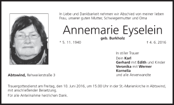 Anzeige von Annemarie Eyselein von MGO