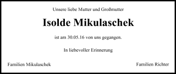 Anzeige von Isolde Mikulaschek von MGO