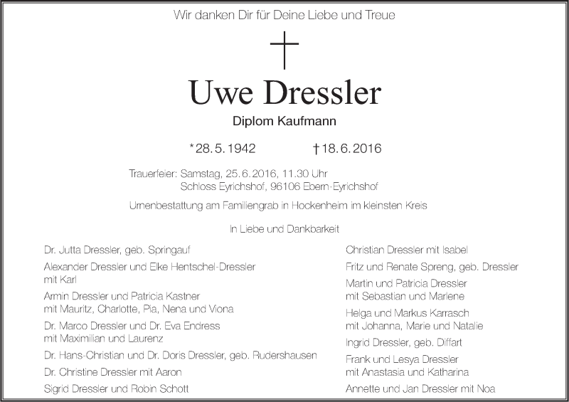  Traueranzeige für Uwe Dressler vom 23.06.2016 aus MGO