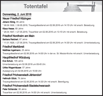 Anzeige von Totentafel vom 02.06.2016 von MGO