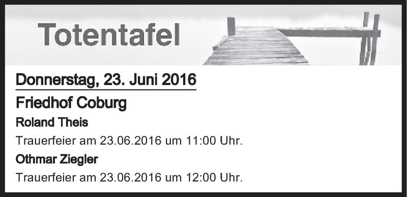  Traueranzeige für Totentafel vom 23.06.2016 vom 23.06.2016 aus MGO