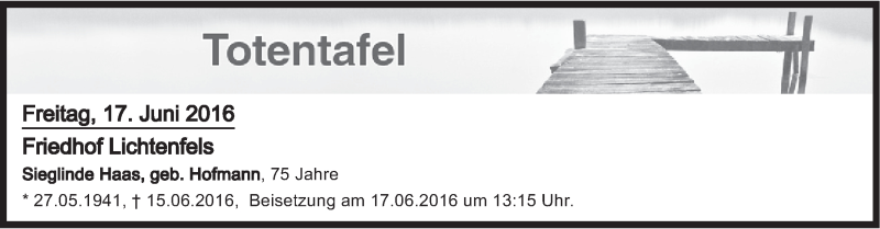  Traueranzeige für Totentafel vom 17.06.2016 vom 17.06.2016 aus MGO