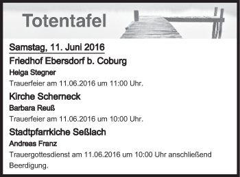 Anzeige von Totentafel vom 11.06.2016 von MGO
