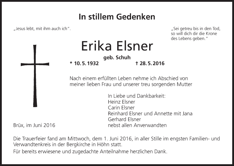  Traueranzeige für Erika Elsner vom 03.06.2016 aus MGO