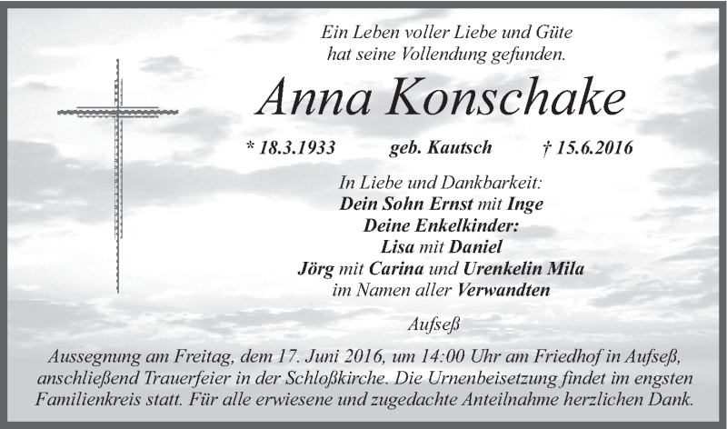  Traueranzeige für Anna Konschake vom 16.06.2016 aus MGO