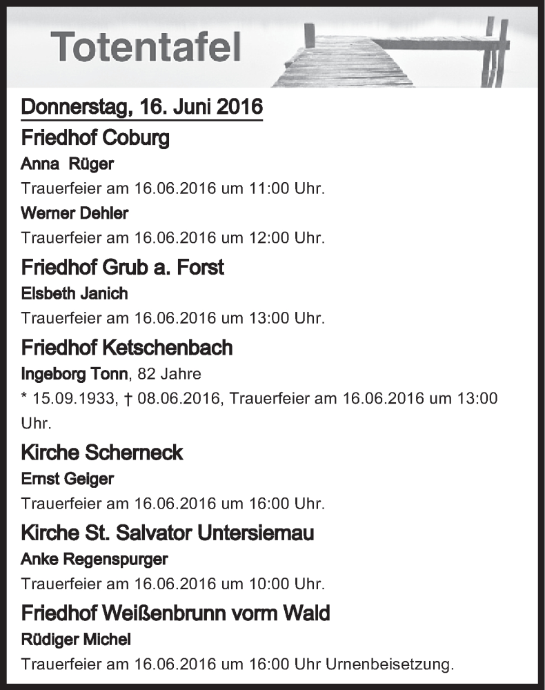  Traueranzeige für Totentafel vom 16.06.2016 vom 16.06.2016 aus MGO