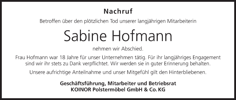  Traueranzeige für Sabine Hofmann vom 29.06.2016 aus MGO
