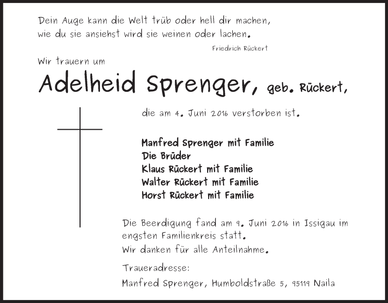  Traueranzeige für Adelheid Sprenger vom 11.06.2016 aus MGO