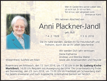 Anzeige von Anni Plackner-Jandl von MGO
