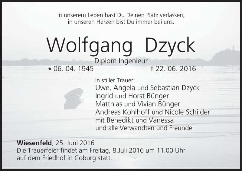  Traueranzeige für Wolfgang Dzyck vom 25.06.2016 aus MGO