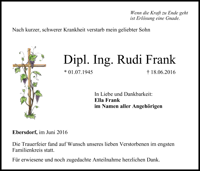  Traueranzeige für Rudi Frank vom 25.06.2016 aus MGO