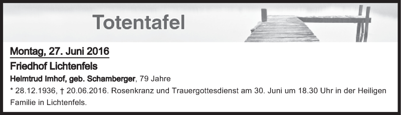  Traueranzeige für Totentafel vom 27.06.2016 vom 27.06.2016 aus MGO