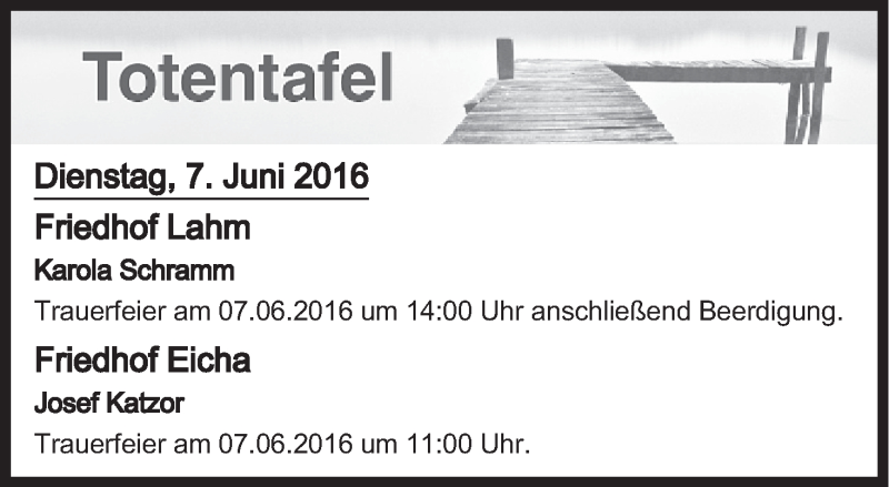  Traueranzeige für Totentafel vom 07.06.2016 vom 07.06.2016 aus MGO