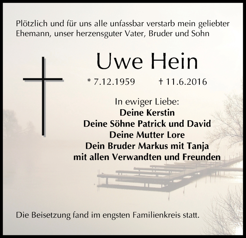  Traueranzeige für Uwe Hein vom 18.06.2016 aus MGO