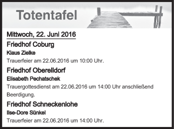 Anzeige von Totentafel vom 22.06.2016 von MGO