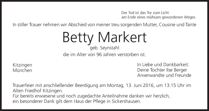  Traueranzeige für Betty Markert vom 11.06.2016 aus MGO