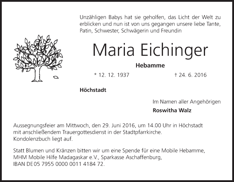  Traueranzeige für Maria Eichinger vom 27.06.2016 aus MGO