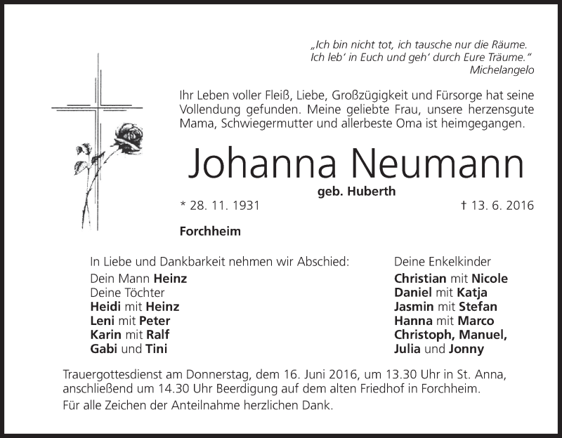  Traueranzeige für Johanna Neumann vom 15.06.2016 aus MGO