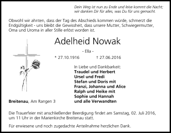 Anzeige von Adelheid Nowak von MGO