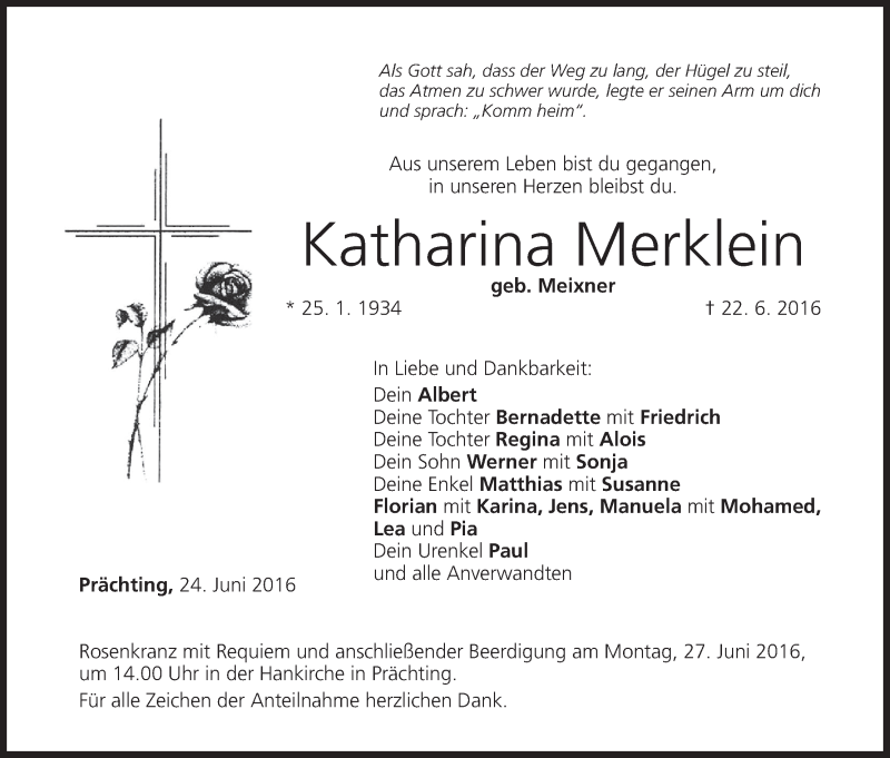  Traueranzeige für Katharina Merklein vom 24.06.2016 aus MGO