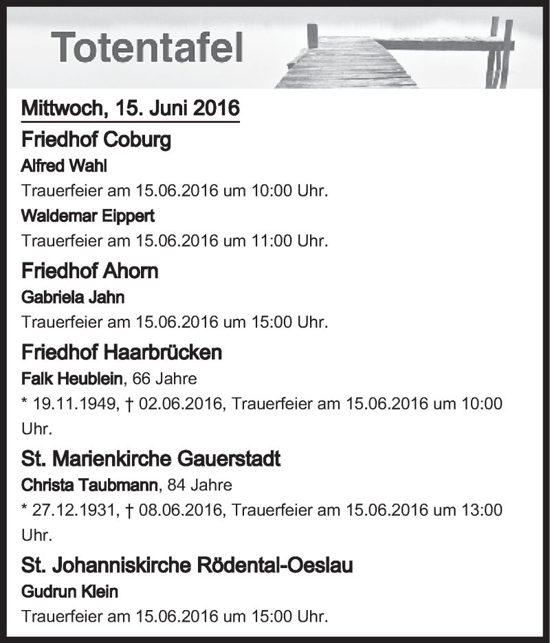  Traueranzeige für Totentafel vom 15.06.2016 vom 15.06.2016 aus MGO