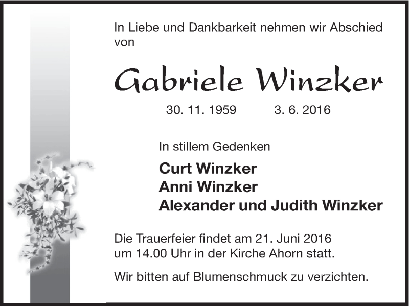  Traueranzeige für Gabriele Winzker vom 11.06.2016 aus MGO