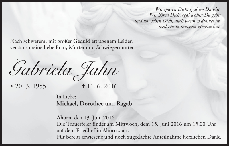  Traueranzeige für Gabriela Jahn vom 13.06.2016 aus MGO