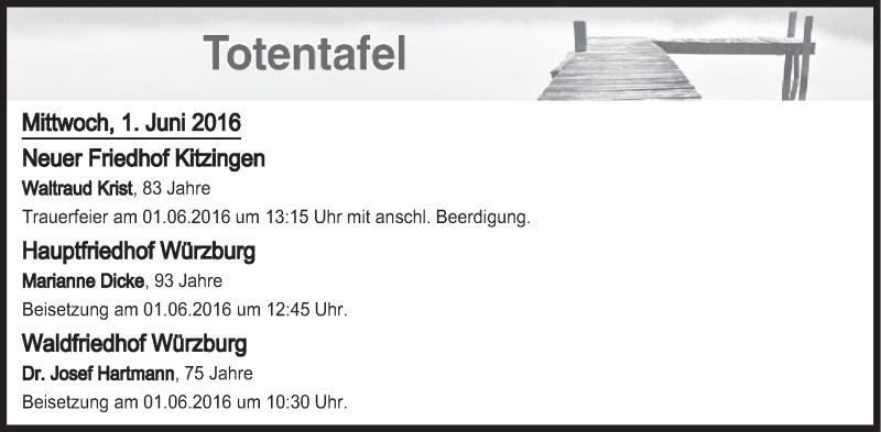  Traueranzeige für Totentafel vom 01.06.2016 vom 01.06.2016 aus MGO