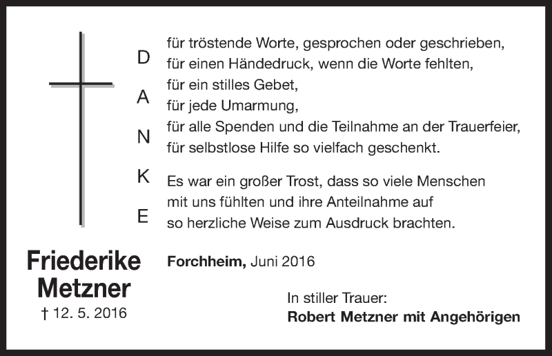  Traueranzeige für Friederike Metzner vom 17.06.2016 aus MGO