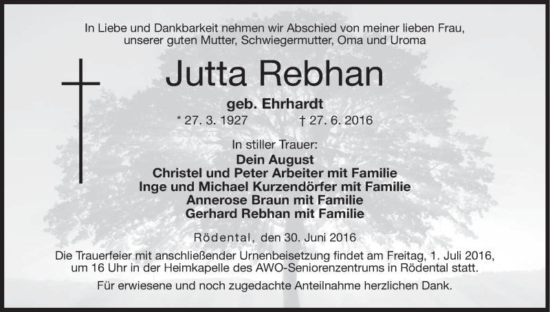  Traueranzeige für Jutta Rebhan vom 30.06.2016 aus MGO