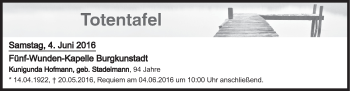 Anzeige von Totentafel vom 04.06.2016 von MGO