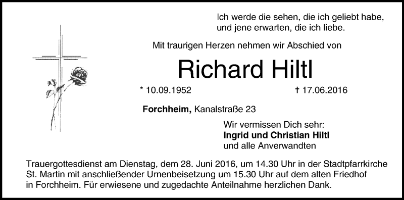  Traueranzeige für Richard Hiltl vom 25.06.2016 aus MGO