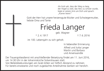 Anzeige von Frieda Langer von MGO